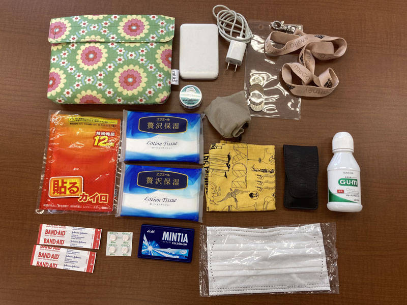 ティッシュ、マウスウォッシュ、ミンティア、スマホホルダー、充電器、ハンカチ、月経カップ、ホッカイロ、ロキソニン、ワセリン、バンドエイド、グルーミングセット、マスク